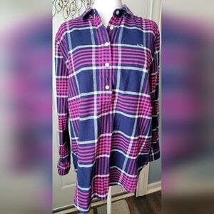 Vineyard Vines Harbor Plaid Relaxed Popover Tunic Flannel Women's 6 Blue & Neon
